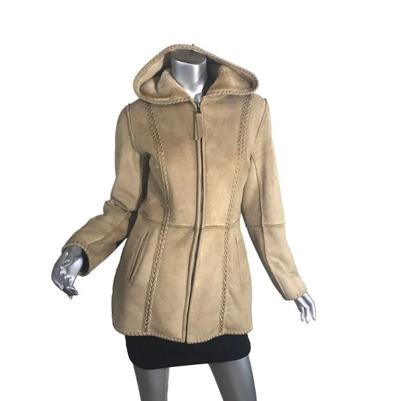 Liz Claiborne Women's Small Tan Faux Suede Long Mid Length Coat Zip Up, Faux Fur - Picture 1 of 16